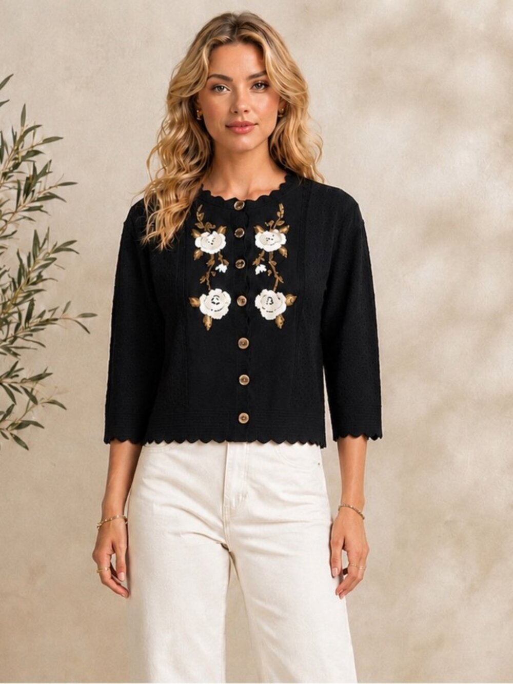 Aleeza Paris Black Textured Embroidered Flowers 28" PTP Cardigan Size 5X Women